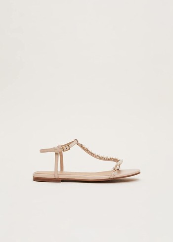 Phase Eight Leather Jewel Trim Flats Cream Canada | DEKXGW-370